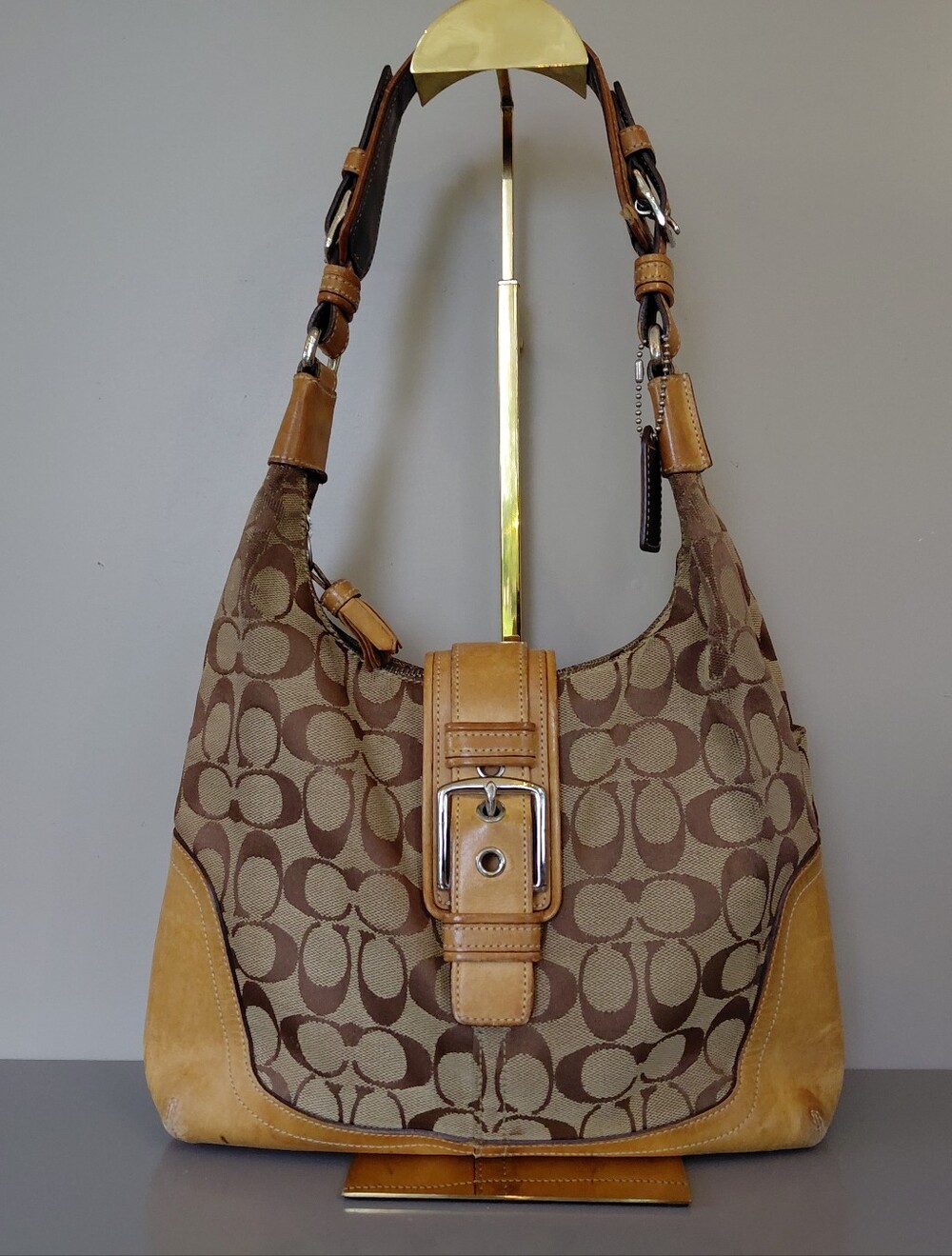 Coach Tan and Brown Signature Canvas Shoulder Bag with Buckle